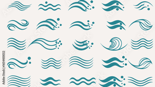 Vector collection of teal wavy line patterns resembling water waves and ocean currents on a light background