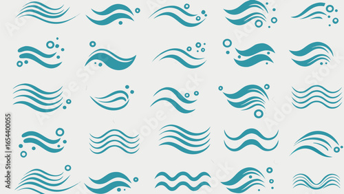 Vector collection of various teal wave illustrations with accompanying teal bubbles on a white background