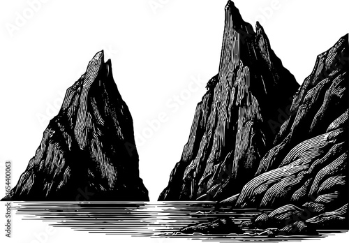 Engraved illustration of dramatic coastal cliffs in black and white for nature design