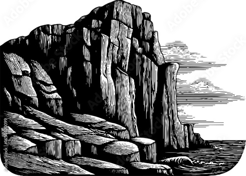 Hand drawn engraving of coastal cliffs and ocean scene for vintage design
