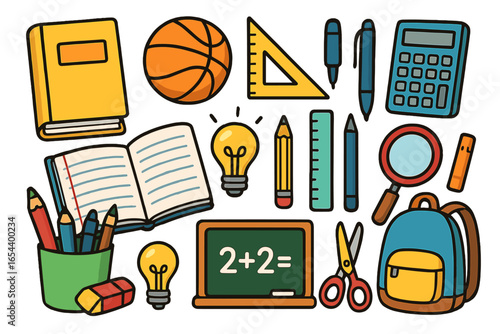 School Supplies Vector Illustration – Essential Educational Tools for Students and Learning, Cartoon Style, Isolated Icons of Stationery, Classroom Objects, Backpack, Books, Calculator
