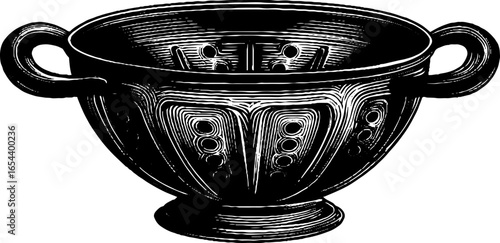Vintage engraved illustration of a colander with side handles for kitchen decor