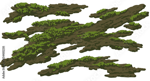 Group of mossy brown platforms irregularly scattered on a white background
