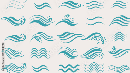 Vector collection of teal wave illustrations with varying styles and splash details on a light background