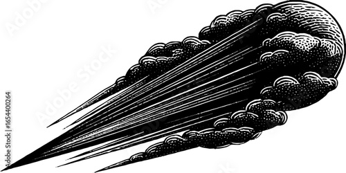 Vintage engraved illustration of comet in night sky design for retro posters