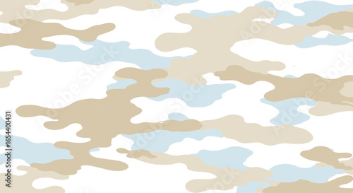 Irregular camouflage pattern of light brown and pale blue on a white background