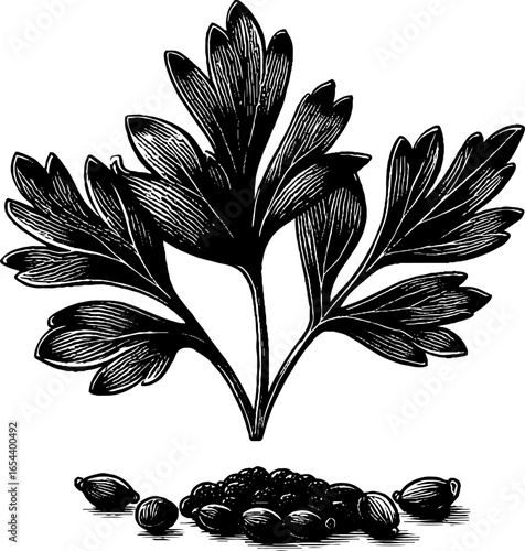 Vintage hand drawn engraving of coriander sprig with seeds for herbal design and decor