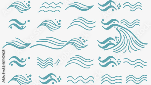 Vector illustration showcasing various stylized blue wave designs with small circles on a white background