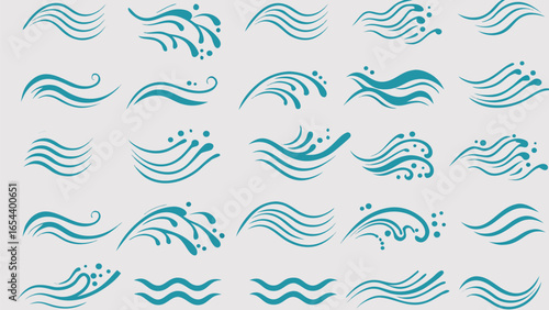 Vector collection of teal wavy lines and water droplets arranged in a grid pattern on a light background