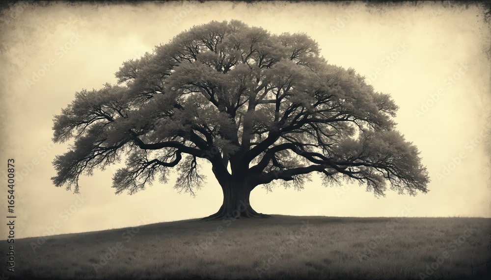Obraz premium Majestic oak tree stands alone on grassy hillside. Branches reach skyward. Black and white illustration offers vintage, faded look. Symbolizes nature, strength, solitude, and inspiration.