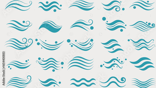 Vector collection of stylized teal water wave designs with varying shapes and configurations on white background