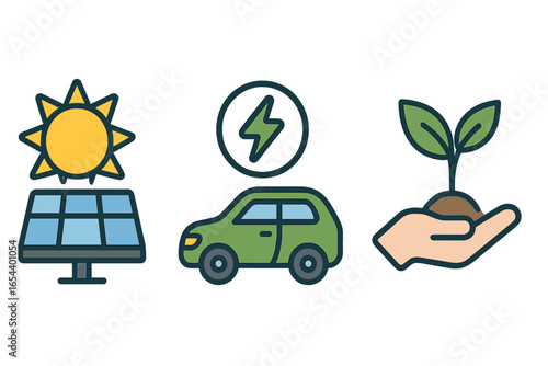 Sustainable energy concept solar power panels sun, electric vehicle eco car, eco-friendly plant hand. Green technology renewable energy icon set. Clean transportation digital vector illustration.