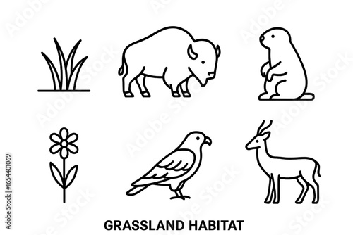 Grassland habitat outline icon set. Prairie wildlife symbols. Line art vector collection of bison, prairie dog, hawk, antelope, wildflower, grass. Minimalist nature elements.