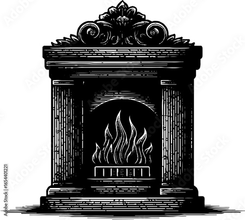 Vintage engraved illustration of decorative fireplace design for interior style inspiration