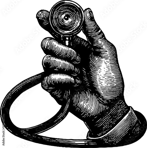 Vintage medical concept of doctor holding stethoscope hand drawn engraving for healthcare design