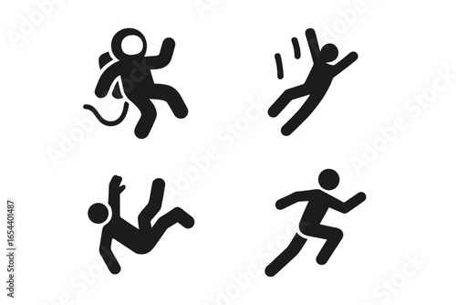 Gravity and movement icons set. Vector collection of human figures in motion. Astronaut floating in space, person falling down, man jumping and running silhouette. Physics symbols.