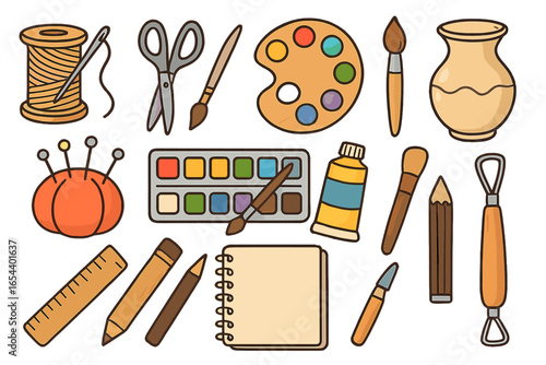 Creative art and craft tools vector set for sewing, painting, pottery, illustration, sculpture, drawing, and design. Cartoon supplies: scissors, palette, brush, thread, pencil, tape, notebook, ruler.