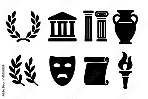 Ancient Greece icons set. Greek culture and mythology symbols. Laurel wreath, temple, column, amphora, olive branch, tragedy mask, scroll, torch. Vector glyph silhouette icons.