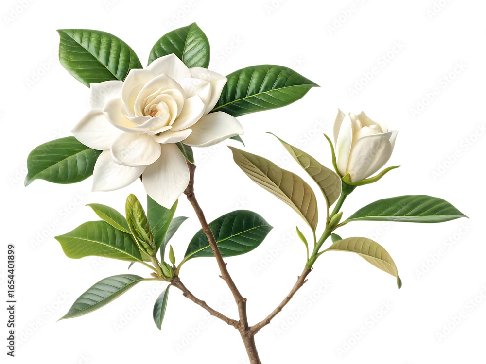 Obraz premium Beautiful white gardenia flower with green leaves isolated on transparent background