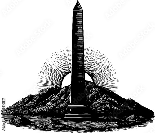 Obelisk Egyptian engraved illustration black. Vintage sketch hand drawn engraving silhouette woodcut label.
