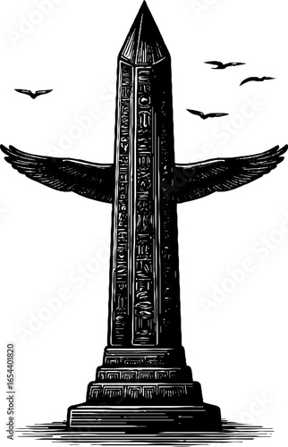 Egyptian obelisk with hieroglyphics hand drawn engraving design for historical art