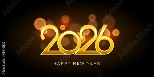 Happy New Year 2026 golden numbers template with sparkle bokeh background. New year luxury celebration design.
