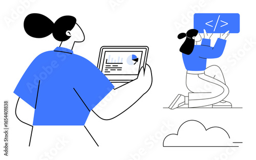 Female character holding tablet with analytics chart while another writes code on a screen. Ideal for data analysis, teamwork, coding, technology, software development, digital solutions, simple