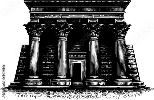 Ancient egyptian temple pylon engraving - historical architecture sketch for design use