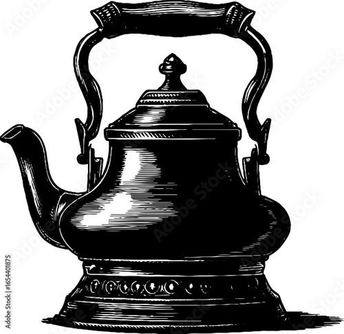 Vintage engraved illustration of black enamel kettle silhouette for retro design