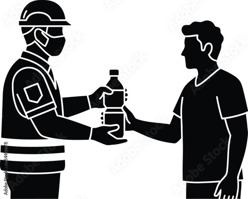 Silhouette of a man giving a bottle of water to another person, as a gesture of help and support during a crisis