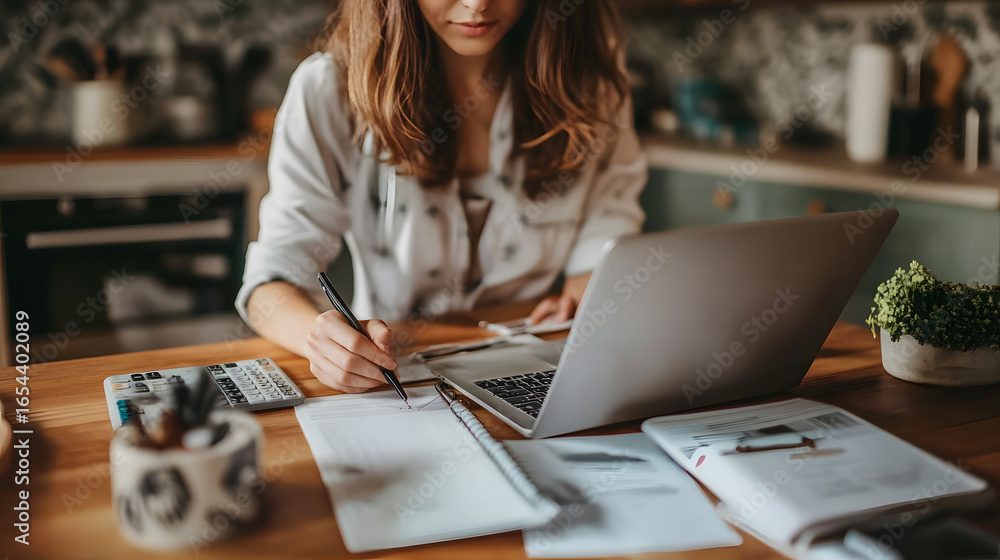 Fototapeta premium Woman budgeting household expenses with laptop, calculator, notebook, pen, and documents on wooden table in cozy kitchen setting