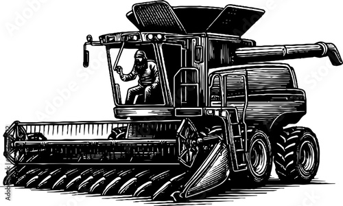 Vintage engraved illustration of farmer driving combine harvester for agriculture design