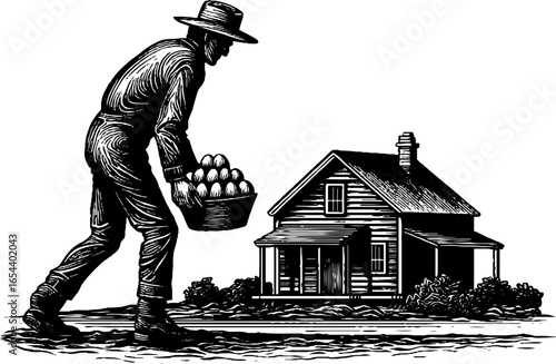 Vintage illustration of farmer collecting eggs on rustic farmstead