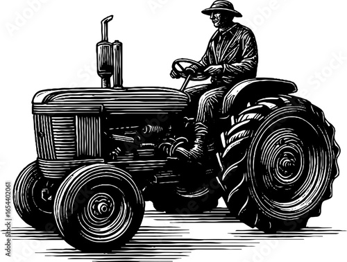 Vintage engraved illustration of farmer driving tractor for agricultural design