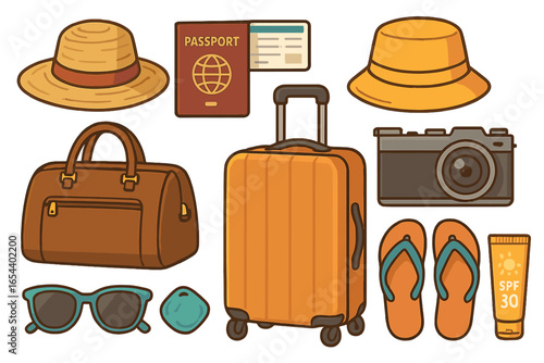 Summer vacation travel essentials and accessories vector illustration. Cartoon suitcase, duffel bag, flip flops, hat, camera, sunglasses, passport, sunscreen, must-have beach hotel trip items.