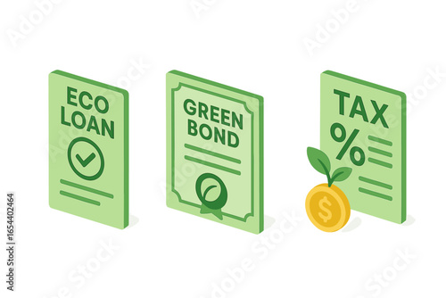 Green financing isometric icon set. Eco loan document, green bond certificate, tax incentive concepts. Sustainable investment, environment care, ESG fund, financial growth.