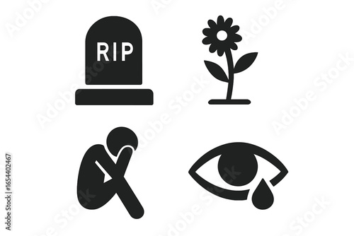 Grief and loss icon set. Death, mourning, sorrow concept. Vector graphics of gravestone, memorial flower, grieving figure, crying eye with tear. Funeral, sadness symbols.