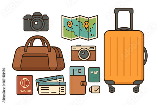 Cartoon travel essentials vector illustration with suitcase, duffel bag, passport, camera, map, wallet, tickets. Organized flat lay, vacation planning, journey preparation, adventure trip supplies.