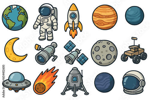 Space exploration cartoon vector set with planets, astronaut, rocket, spaceship, telescope, moon, rover, flying saucer, meteor, lunar module, satellite, and celestial objects on transparent background