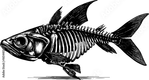 Detailed engraving of fish skeleton in vintage style for art and design