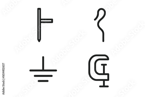 Grounding and bonding symbol icon set. Vector outline illustration of electrical safety elements. Includes earth ground symbol, ground rod, clamp, and cable icons for diagrams.