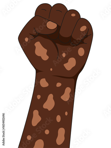 Fist pose vitiligo people. Unique skin pigmentation highlighting natural beauty. World vitiligo day. Skin depigmentation, skin disorder, self acceptance, emotional support.