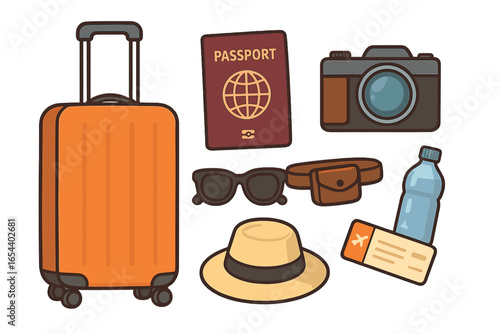 Travel essentials vector cartoon illustration. Suitcase, passport, camera, sunglasses, hat, water bottle, air ticket, belt bag. Vacation packing, trip accessories, tourism items for seamless journey