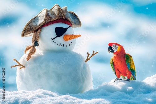 Snowman dressed as a pirate with an eyepatch and parrot in a winter wonderland