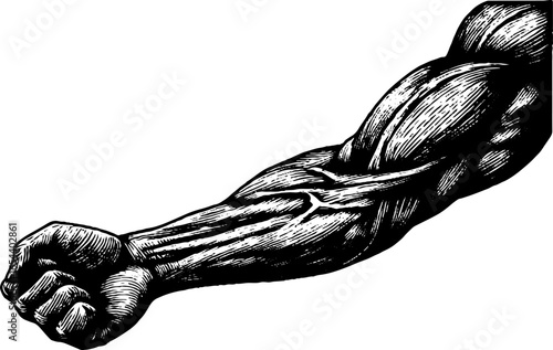 Engraved illustration of a muscular forearm with detailed anatomy for educational and design purposes