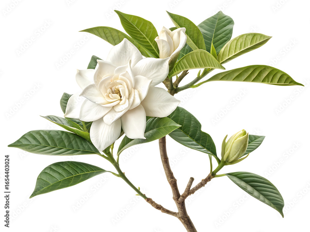 Obraz premium Beautiful white gardenia flower with green leaves isolated on transparent background-2