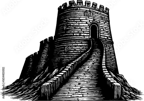 Engraved illustration of fortress wall. Vintage sketch hand drawn engraving silhouette woodcut label.