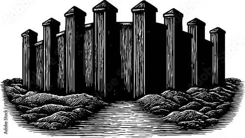 Vintage engraved fortress wall illustration in black