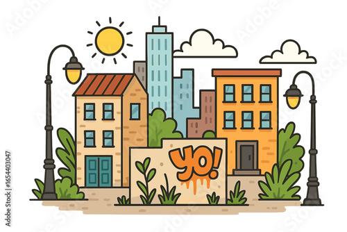 Vibrant urban city life sunny day vector illustration, modern buildings architecture, streetlamps, graffiti wall, green plants, clear sky, residential blocks, downtown neighborhood, cartoon style