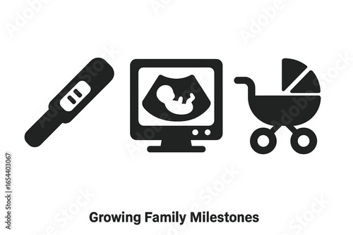 Growing family milestones icon set. Positive pregnancy test, fetus ultrasound scan, baby carriage. Maternity journey, parenthood, new life, expecting baby vector icons.